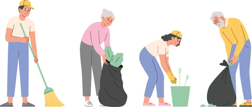 Diverse group of people cleaning environment vector, flat illustration of volunteers gathering trash and gardening