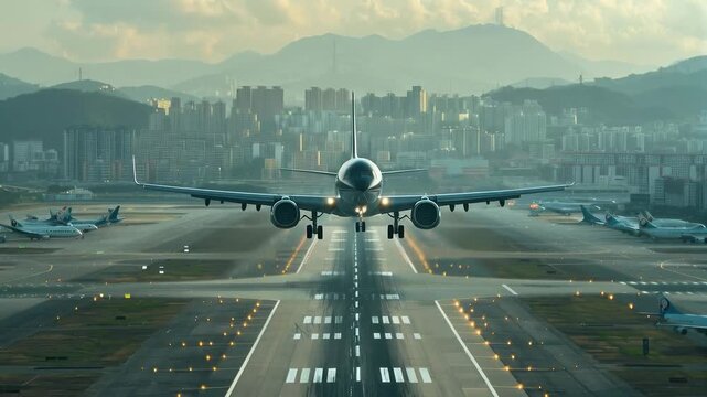 The aircraft descends for landing over city neighbourhoods, emphasising the dynamism of the metropolis and technological progress, which is ideal for creating an atmospheric backdrop for presentations