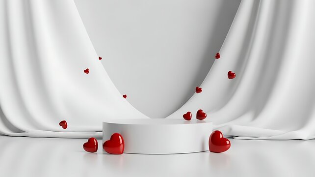 White Podium with Red Hearts and Draped Fabric image