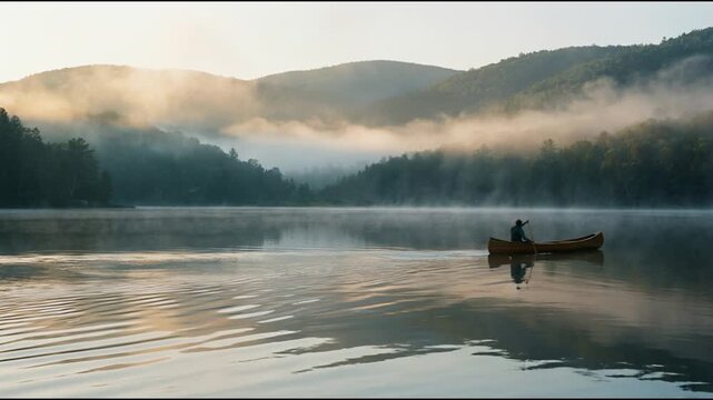 Canoe lake scene with a wooden boat gliding across calm reflective water soft ripples drifting mist warm sunrise light and a tranquil cinematic morning atmosphere