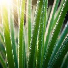 Fototapeta premium Close-up of a green plant leaf with dew drops in sunlight
