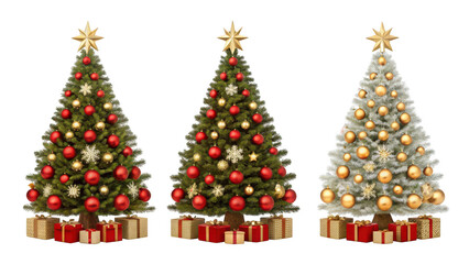 Obraz premium Three beautifully decorated Christmas trees with gifts