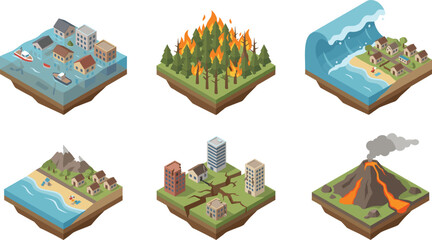 Fototapeta na wymiar Isometric natural disaster illustrations set flood wildfire tsunami earthquake volcano climate emergency vector design