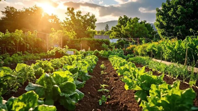 Lush rows of vibrant green vegetables bask in the warm sunlight of a flourishing garden, a symbol of growth.