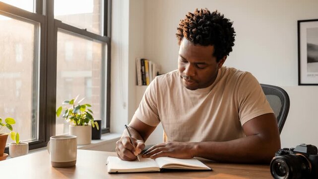 Young African American writer journaling ideas, sitting at a desk by a window in a sunlit room