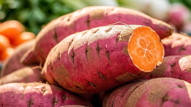 Close-up shot of a pile of fresh sweet potatoes, showcasing their vibrant colors and textures.