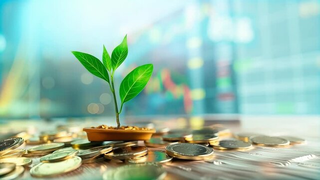 Green sapling growing from a pot on a pile of coins with a stock market graph in the background