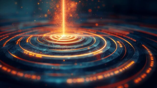 Abstract technology background with a glowing orange energy beam and rotating digital rings