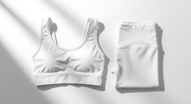 Versatile flat lay mockup of white activewear set, featuring a comfortable sports bra and matching fitness leggings, perfect for apparel design presentation