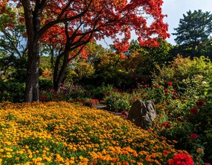 A vibrant autumn scene showcases blooming flowers & trees with fiery red & yellow leaves. A path leads through the floral garden