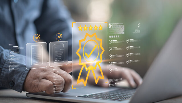Inspecting business standard compliance for certification approval. Management review quality control checklist. Validation verification badge builds trust assurance