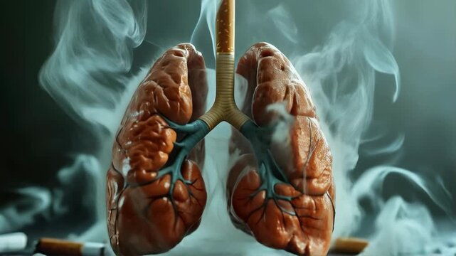 Smoking lungs with a cigarette in the centre symbolise the harm caused by smoking and the destruction of health &mdash; a powerful visual backdrop for social advertising against tobacco smoking.
