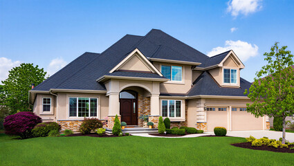 Upscale Suburban House with Beige Exterior, Dark Roof, and Manicured Landscaping, Sunny