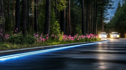 A self-healing road system embedded with smart sensors, glowing faintly at night with autonomous vehicles passing by