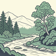 Fototapeta premium Escape to a serene mountain landscape with a gentle river flowing through a lush forest, perfect for nature lovers and adventure seekers