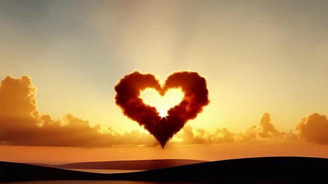 Heart-Shaped Cloudscape: A breathtaking panorama unfolds as a heart-shaped cloud formation graces the sunset horizon, casting a warm glow and symbolizing love.