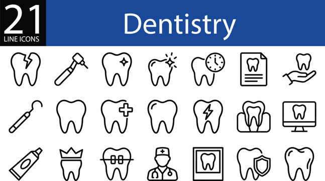 Dentistry line icon set in outline style, tooth care, dental tools, hygiene, treatment, and protection