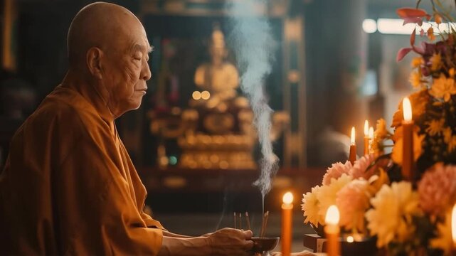 An elderly man in orange robes meditates at an altar with smoking incense sticks and candles, conveying a sense of calm and spirituality that would be suitable for the background of articles on religi