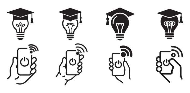 Educational technology and smart learning icons with graduation cap and bulb. vector illustration eps 10