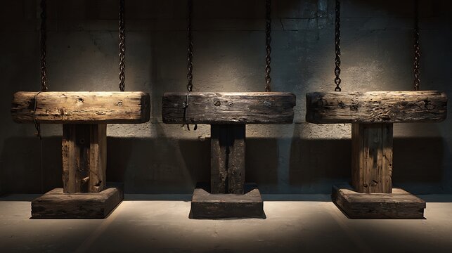 Three old wooden pillories hanging from chains in a dark room