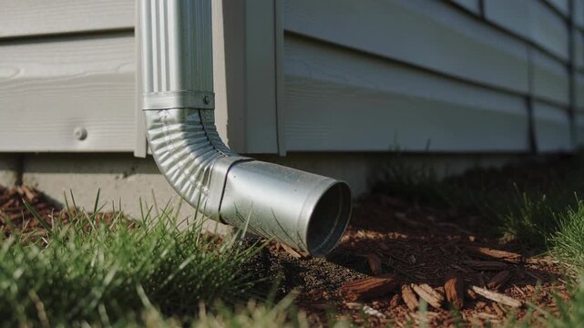 Gutter system draining water away from house in sunlit garden setting