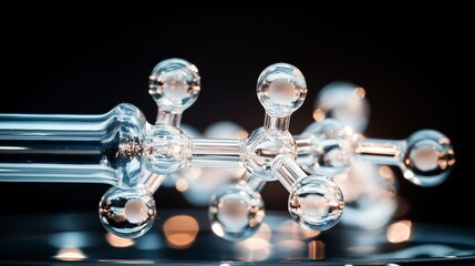 A complex network of interconnected molecules, glowing faintly, suspended in a transparent gel against a black background