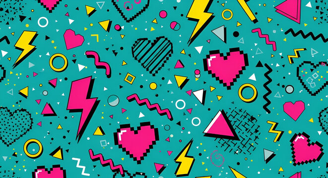 Vibrant 80s themed pattern featuring hearts, lightning bolts, and geometric shapes on a teal background from a directly overhead viewpoint