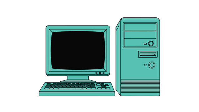 Illustration of a vintage desktop computer setup including a bulky monitor, tower unit, and keyboard in a teal color palette.
