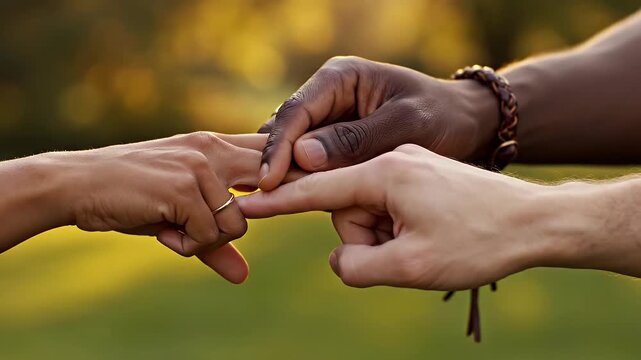 Diverse Hands Making a Pinky Promise - A close-up shows diverse hands making a pinky promise, signifying a connection and agreement.