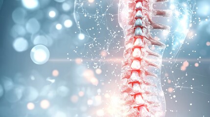 Abstract human spine showing scoliosis, with areas of abnormal curvature highlighted in red