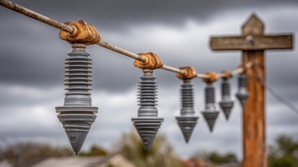 Obraz premium A series of insulators on power lines against cloudy sky
