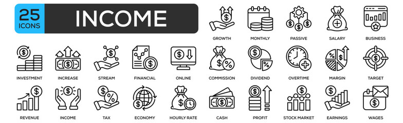 Income Icon Collection Set. Containing Design Income Growth, Monthly Income, Passive Income, Salary Payment, Business