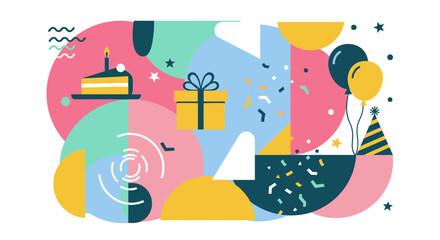 Vibrant birthday celebration with cake gift and balloons © Azrha