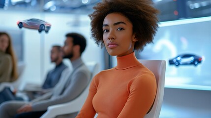 young innovators sitting in a futuristic glass-walled meeting room, surrounded by holographic screens and brainstorming with sketches of flying cars projected in the air