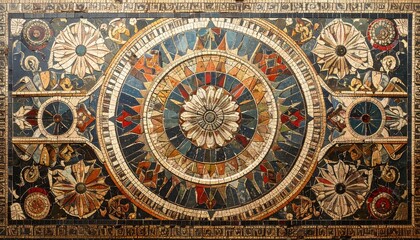 Ornate tile mosaic with floral and geometric details in vibrant colors