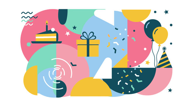 Vibrant birthday celebration with cake gift and balloons