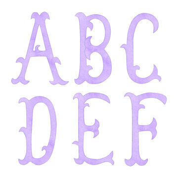 Watercolor vintage purple alphabet, initials, monogram print.