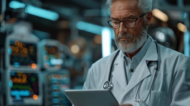 A doctor analyses data on a tablet in a clinic, demonstrating professionalism and concern for health, which is suitable for medical presentations as a background image.

