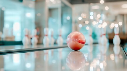 top-down view of a bowling ball rolling toward the pins
