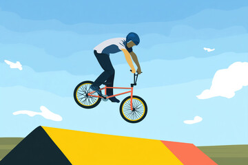 Fototapeta premium BMX Rider Performing Mid Air Jump Over Ramp Flat Illustration