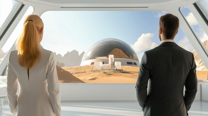Three visionaries discussing next-gen space exploration technology, with a futuristic Mars colony