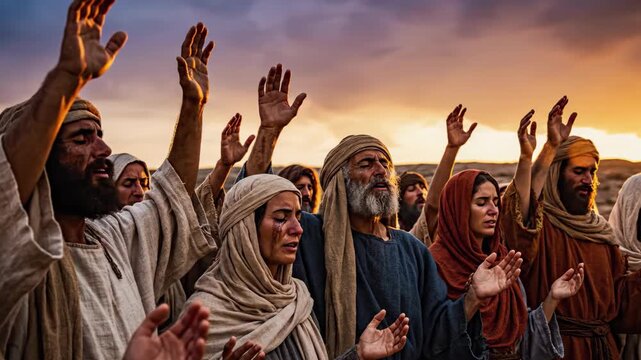 Sunset devotion: group in traditional attire uplifts hands in unity and prayer