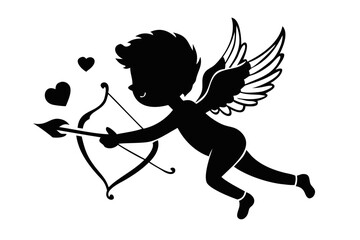 Fototapeta premium Funny cartoon cupid cherub boy with bow and arrow silhouette vector illustration for Valentine's Day design featuring heart wings and amor angel .vector icon