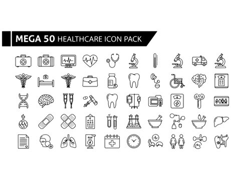 Icon set of healthcare and medical-related symbols for mega 50 icon pack