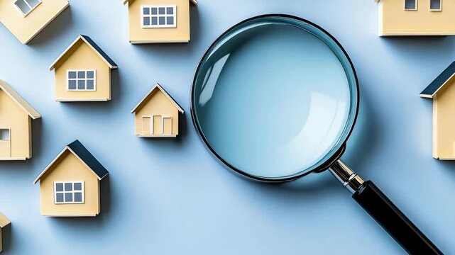 A close view on tiny houses and a magnifying glass placed on a blue background. Focus on details of models and shapes