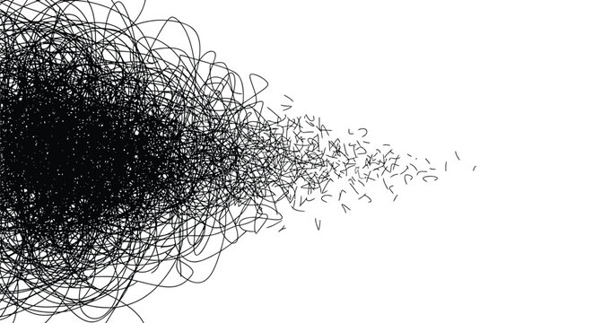 Black scribble explosion vector graphic, abstract chaotic lines splatter, for background or texture overlay, isolated on transparent background, png