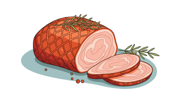 Sliced glazed ham with crosshatch pattern served with rosemary sprigs and peppercorns depicts a delicious holiday dinner meal.