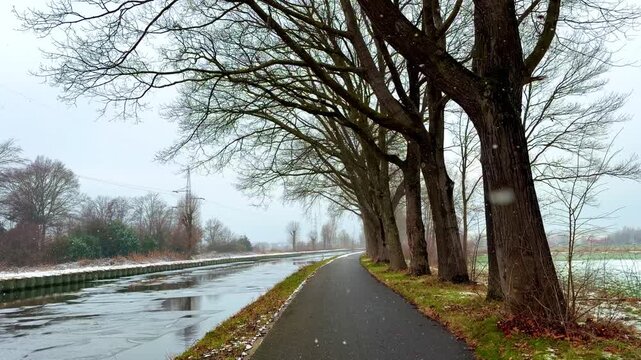 Quiet canal-side asphalt path lined with tall leafless trees on a gray winter day, light snow patches on grass and water, strong perspective leading into the distance.