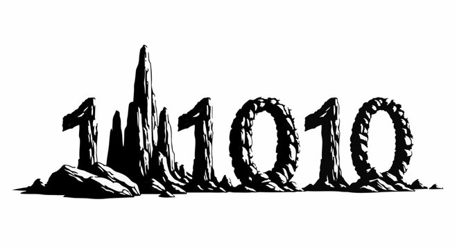 Digital landscape formed by binary code and rocky elements, symbolizing technology and nature merging.
