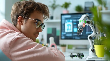 roboticist brainstorming in a minimalist workspace with a table filled with AI-powered robot sketches and prototypes of small robotic arms